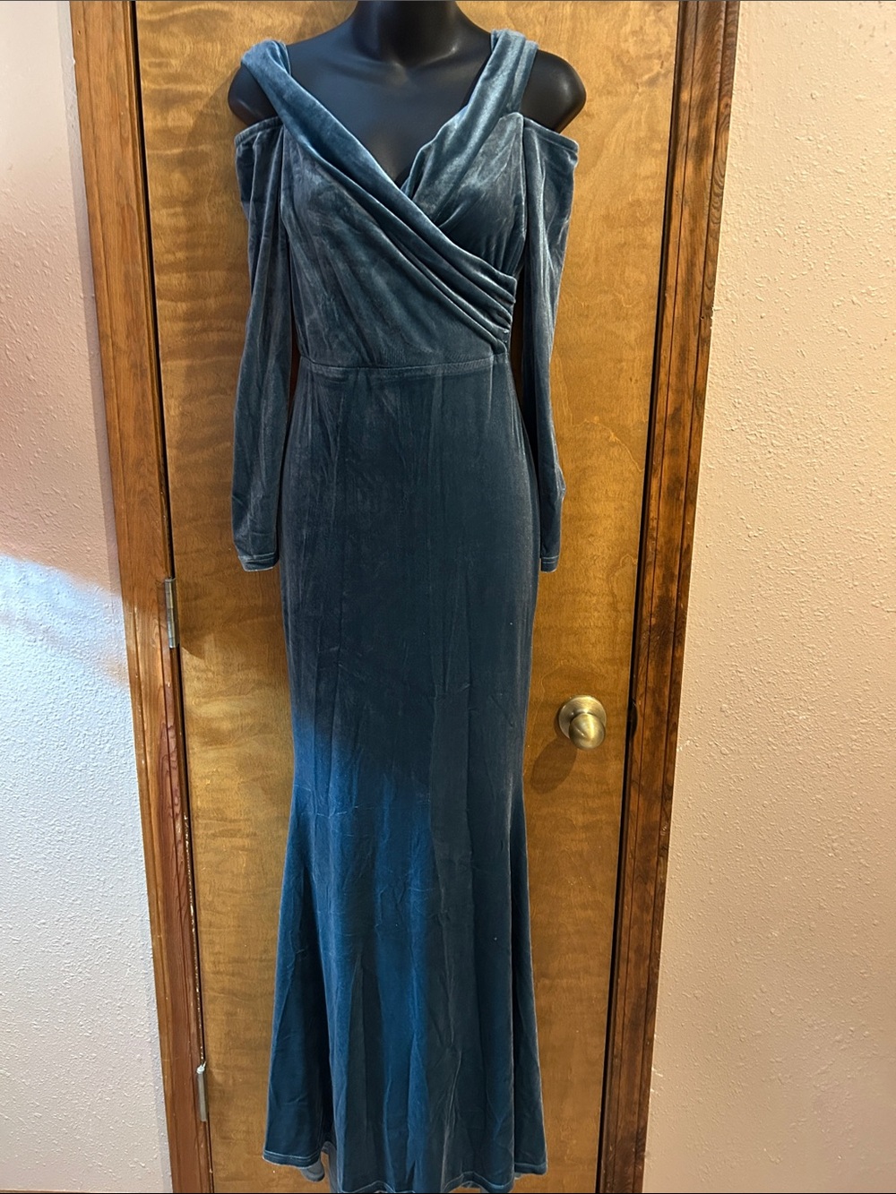 Off-Shoulder Velvet Evening Gown — Deep Teal - very Elegant